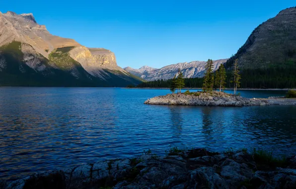 Forest, landscape, mountains, nature, blue, stones, shore, tops