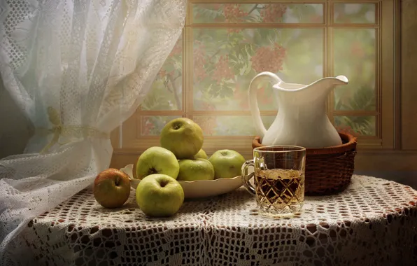 Table, apples, window, juice, plate, mug, pitcher, still life