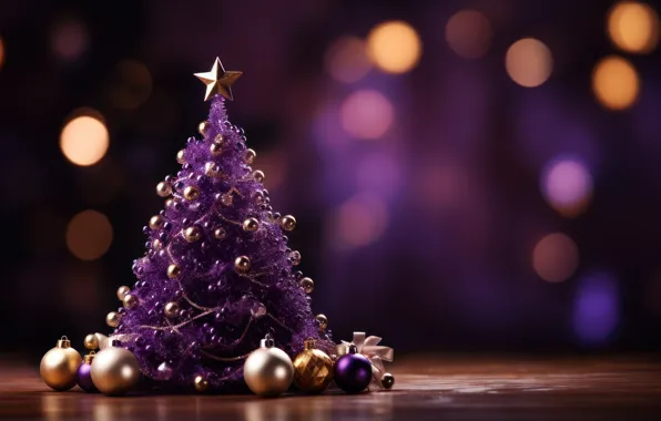 Balls, lights, the dark background, star, Shine, Christmas, purple, New year