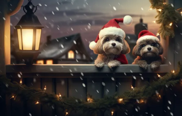 Dogs, look, lights, dog, Christmas, gifts, New year, a couple