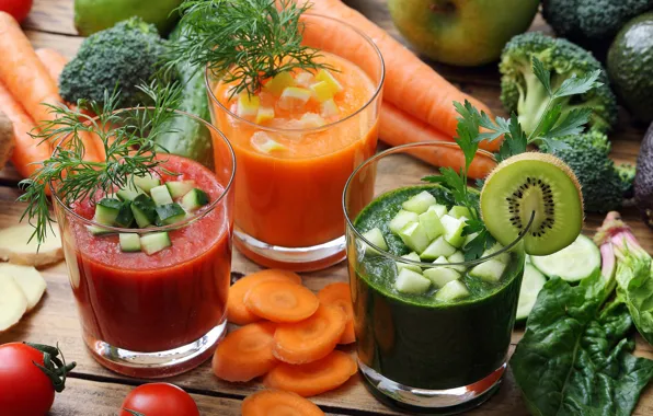 Kiwi, cucumber, drink, tomato, carrots, smoothies