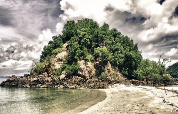 Sand, sea, the sky, clouds, trees, rock, tropics, stones