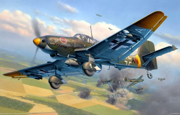 The sky, War, battle, air, bomber, aircraft, Junkers, war.