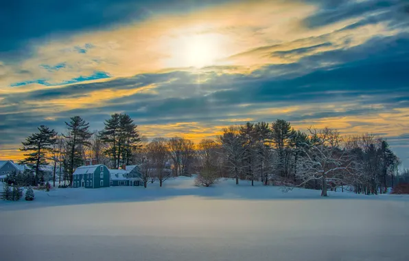 Winter, field, forest, the sky, the sun, clouds, snow, trees