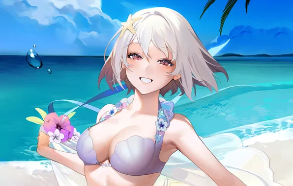 Girl, sexy, cleavage, beach, sea, boobs, anime, flowers