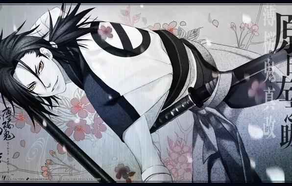 Smile, katana, samurai, characters, spear, Japanese clothing, demons pale cherry, hakuouki shinsengumi kitano