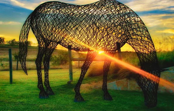 The sky, grass, sunset, horse, art, yard, sculpture