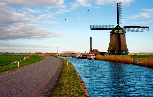 Road, landscape, river, mill, Netherlands