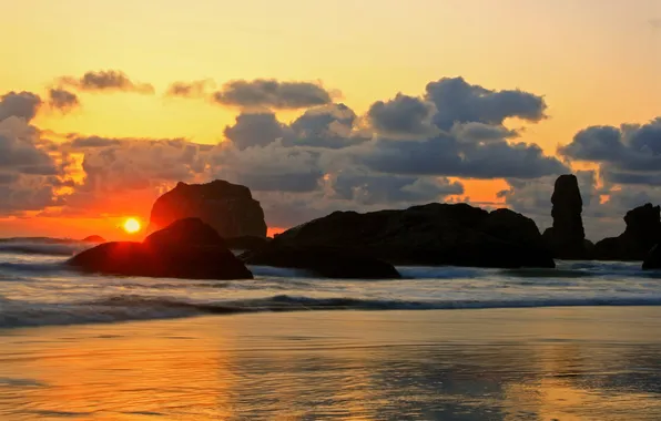 Picture sand, sea, the sun, sunset, rocks