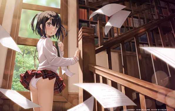 The accident, books, ladder, library, schoolgirl, a lot, window, mini skirt