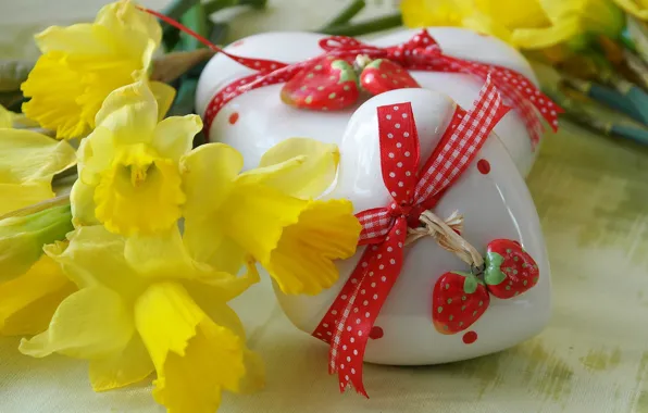 Flowers, Heart, Figure, Daffodils, Valentine's day