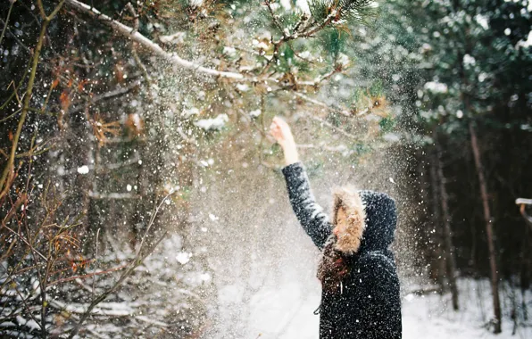 Winter, girl, snow, branches, jacket, hood, falls