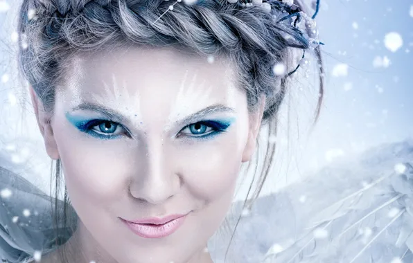 Eyes, girl, snowflakes, face, makeup, hairstyle
