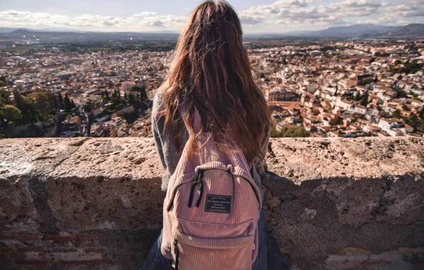 The city, Girl, backpack