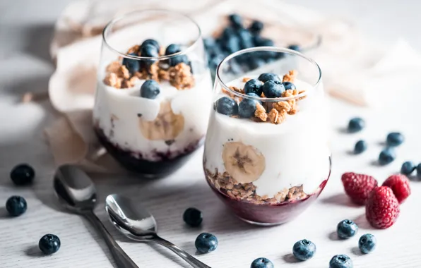 Picture berries, raspberry, food, blueberries, muesli, yogurt