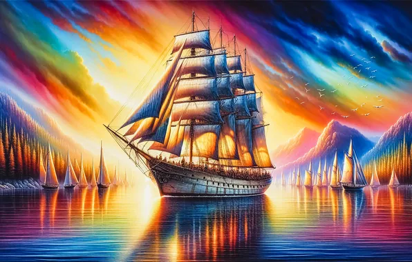 Reflection, ship, sailboat, sails, pond, the ship, sailboats, the colors of the rainbow