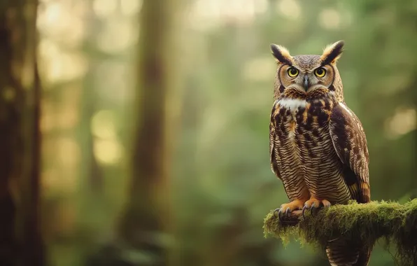 Forest, look, trees, nature, owl, bird, moss, branch