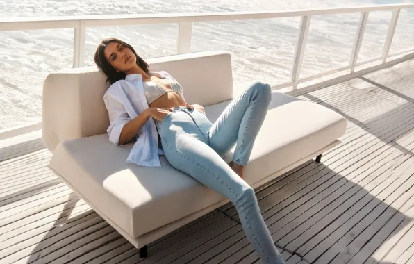 Picture pose, Kendall Jenner, legs, beauty, sea, brunette, girl, jeans