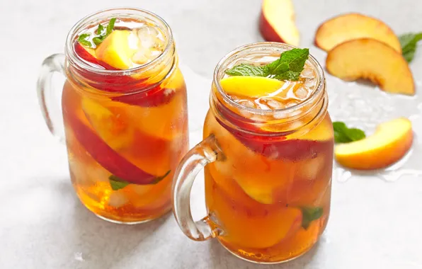 Ice, apples, drink, peaches, mint