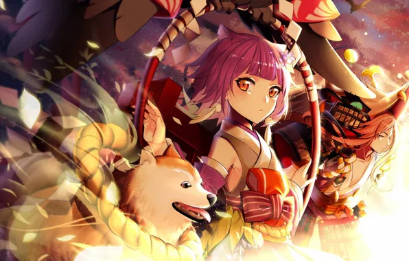 Dog, anime, art, girl, Onmyouji