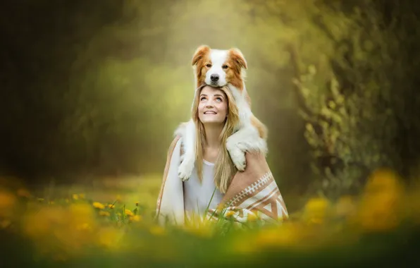 Picture girl, smile, dog, red