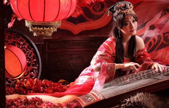 Picture style, musical instrument, Oriental girl, string