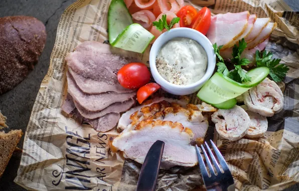 Vegetables, sauce, sausage, cutting, appetizer, ham, fat
