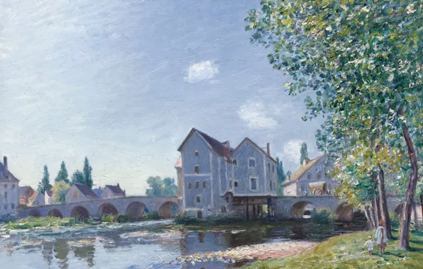 Picture home, The bridge at Moret-sur-Luena. Morning Effect, picture, Alfred Sisley, river, Alfred Sisley