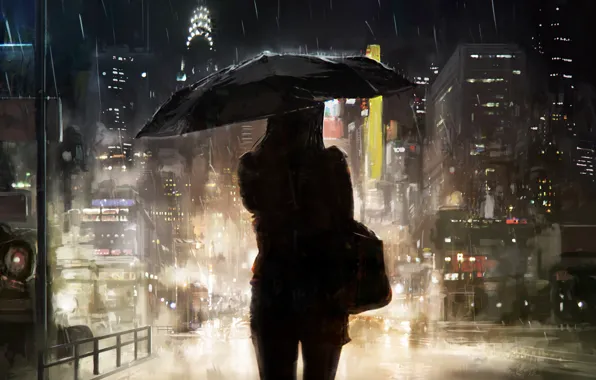 Girl, the city, umbrella, rain, silhouette, art