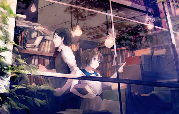 Picture girl, books, window, art, library, guy, light bulb, shelves