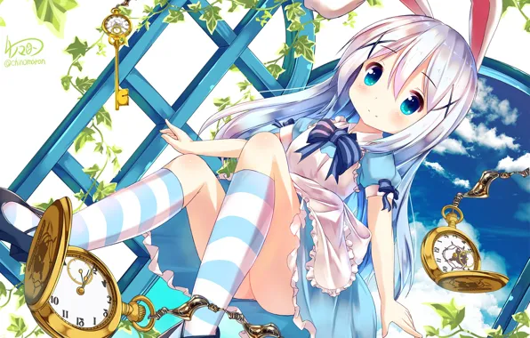 Key, shutters, bows, blue eyes, Alice in Wonderland, Alice, apron, ivy