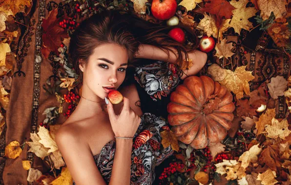 Autumn, girl, carpet, apples, harvest, lies, pumpkin, brown hair