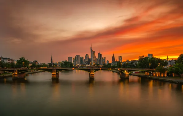 The sky, clouds, landscape, sunset, bridge, the city, lights, river