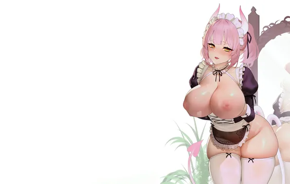 Girl, sexy, ass, thighhighs, pink hair, horns, erect nipples, long hair