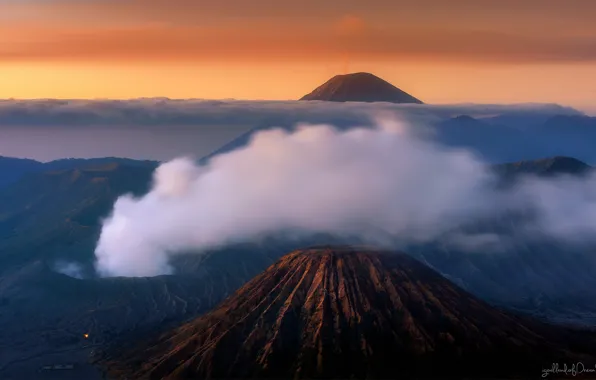 The sky, clouds, sunset, fog, Indonesia, Java, Tengger, volcanic complex-the Caldera TenGer