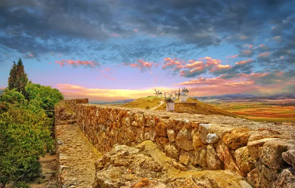Picture the sky, clouds, mountains, hills, the fence, Spain, windmill