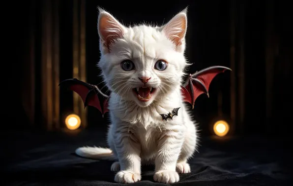 White, kitty, wings, fantasy, fangs, vampire
