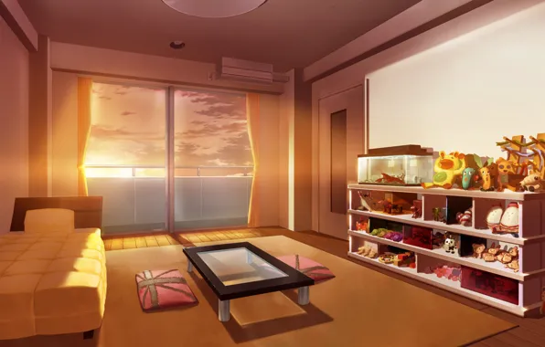 Picture the sun, rays, room, dawn, toys, bed, aquarium, morning