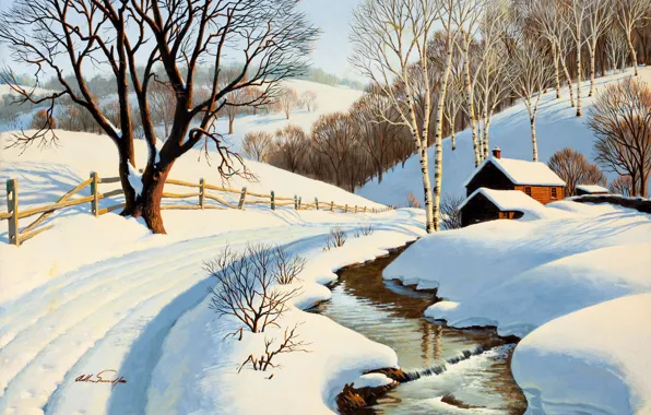 Picture winter, road, trees, house, river, stream, birch, painting