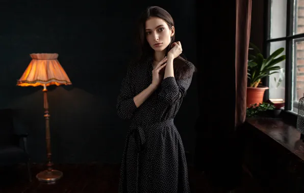 Look, pose, room, model, lamp, portrait, makeup, dress