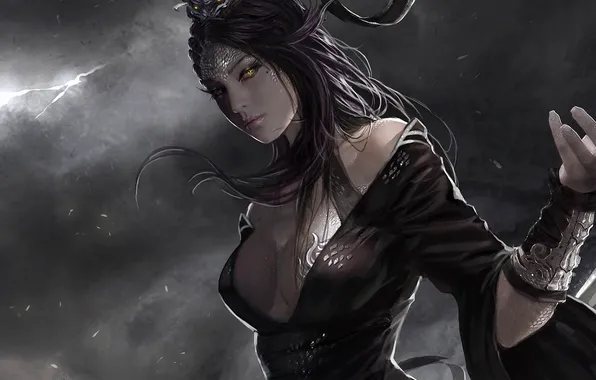 Eyes, girl, clouds, scales, hands, art