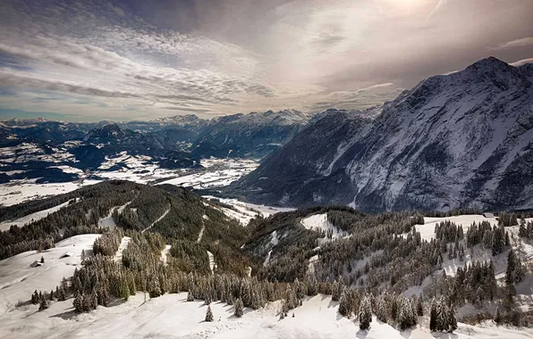 Winter, snow, trees, mountains, tops, Germany, Bayern, Alps