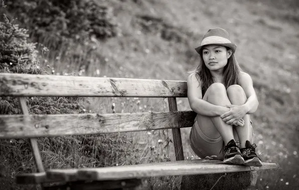 Girl, hat, eyes, lips, hair, bench, thinking