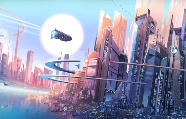Future, City, fantasy, digital art, buildings, spaceships, artwork, skyscrapers