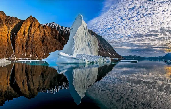 Picture clouds, reflection, rocks, iceberg, Greenland, West Greenland