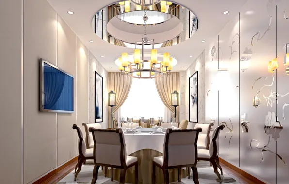 Design, table, chairs, interior, chandelier, dining room, serving