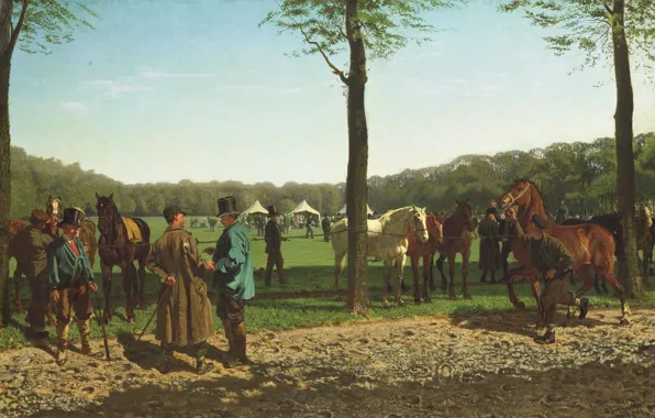 Picture animals, oil, picture, canvas, Cornelis Albertus Johannes Shermer, Horse market in the Hague