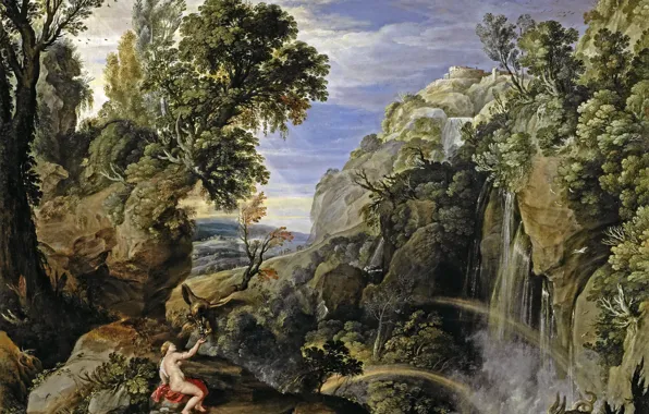 Picture trees, rock, waterfall, picture, mythology, Paul Brill, Landscape with psyche and Jupiter