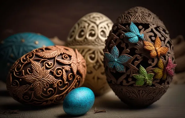 Butterfly, holiday, pattern, blue, eggs, spring, Easter, brown