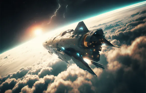 Picture space, science fiction, clouds, spaceship, atmosphere